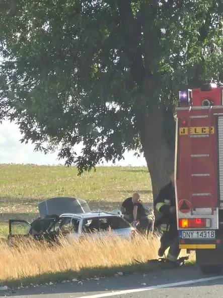 Wypadek na DK46 w Sidzinie – auto w polu, trzy karetki na miejscu