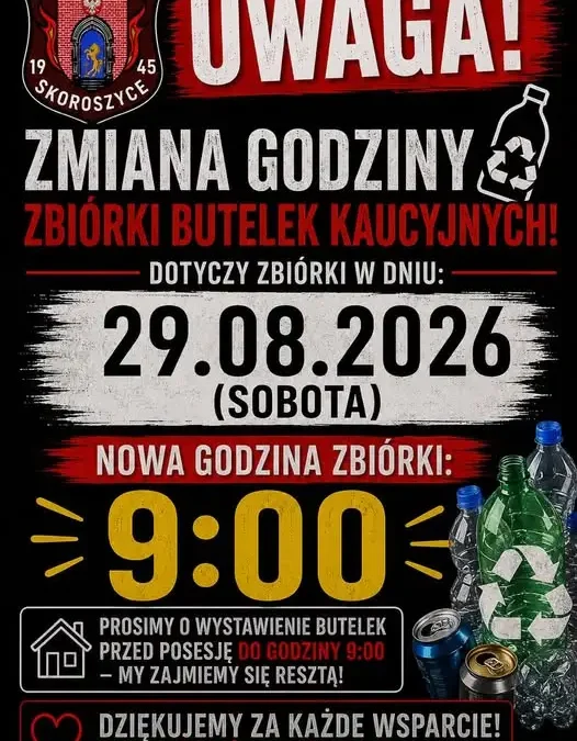 Zmiana godziny zbiórki butelek kaucyjnych w gminie Skoroszyce