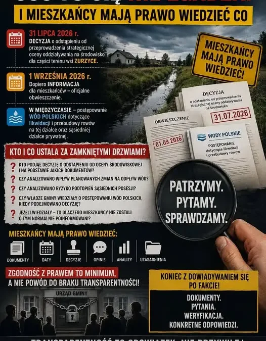 Mieszkańcy gminy Kamiennik żądają ujawnienia dokumentów w sprawie decyzji środowiskowej i rowów w Zurzycach