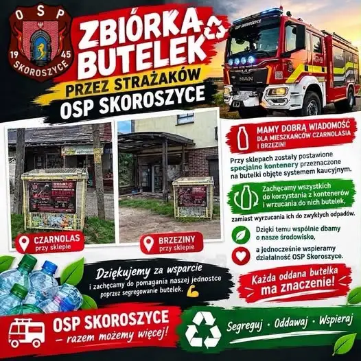 OSP Skoroszyce zbiera butelki dla mieszkańców Czarnolasu i Brzezin