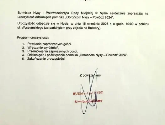 Odsłonięcie pomnika „Obrońcom Nysy – Powódź 2024” – uroczystość 16 września