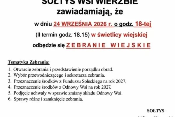 Zebranie wiejskie w Wierzbiu – kluczowe decyzje o funduszach na 2027 rok