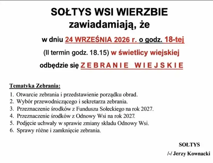 Zebranie wiejskie w Wierzbiu – kluczowe decyzje o funduszach na 2027 rok