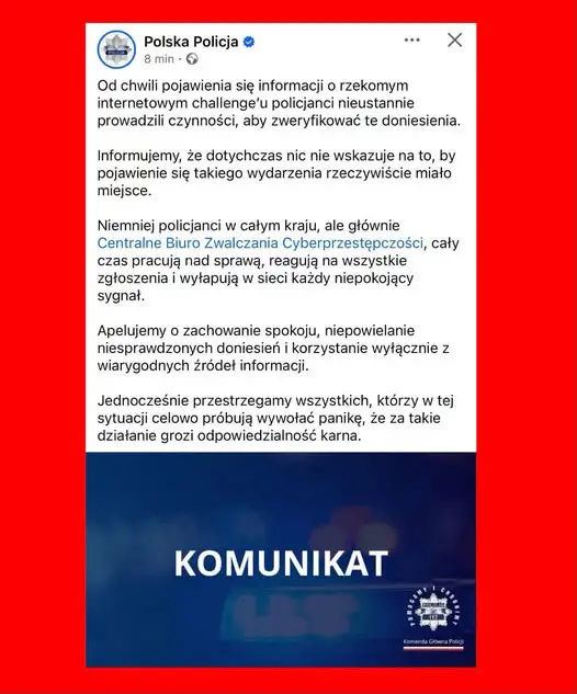 Policja dementuje plotki o rzekomym internetowym challenge’u. Apel o spokój i wiarygodne źródła