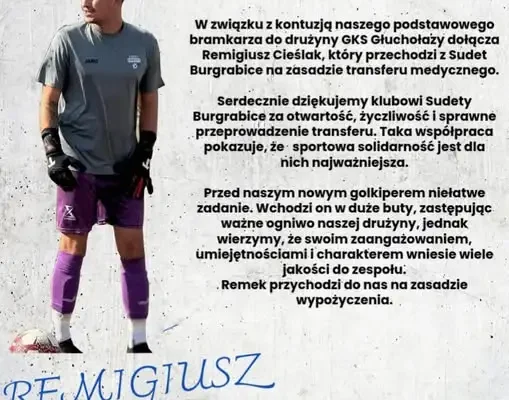 Remigiusz Cieślak nowym bramkarzem GKS Głuchołazy. Transfer medyczny z Sudetów Burgrabice